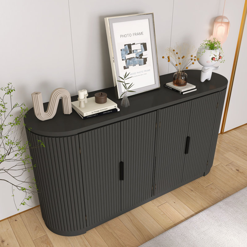 Buffet 63 po en MDF à 4 portes avec tablettes réglables pour bureau, vestibule et salon, Noir, noir, noir, noir