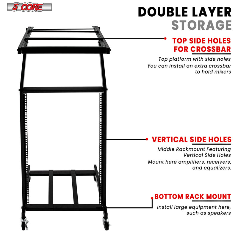 5 Core 16U Professional Audio Rack Mount DJ Mixer Stand Studio Adjustable Table Cart with Wheels