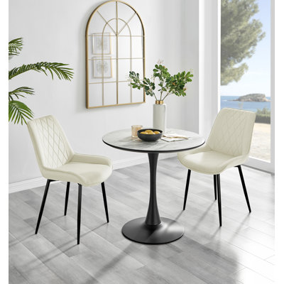 Eubanks White Marble Effect Melamine Round 80cm Dining Table And Chairs - 2 Velvet Dining Chairs
