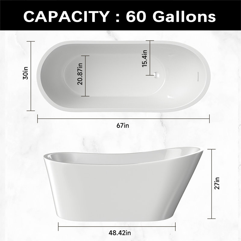 67'' Acrylic Freestanding Bathtub,Deep Soaking Bathtub