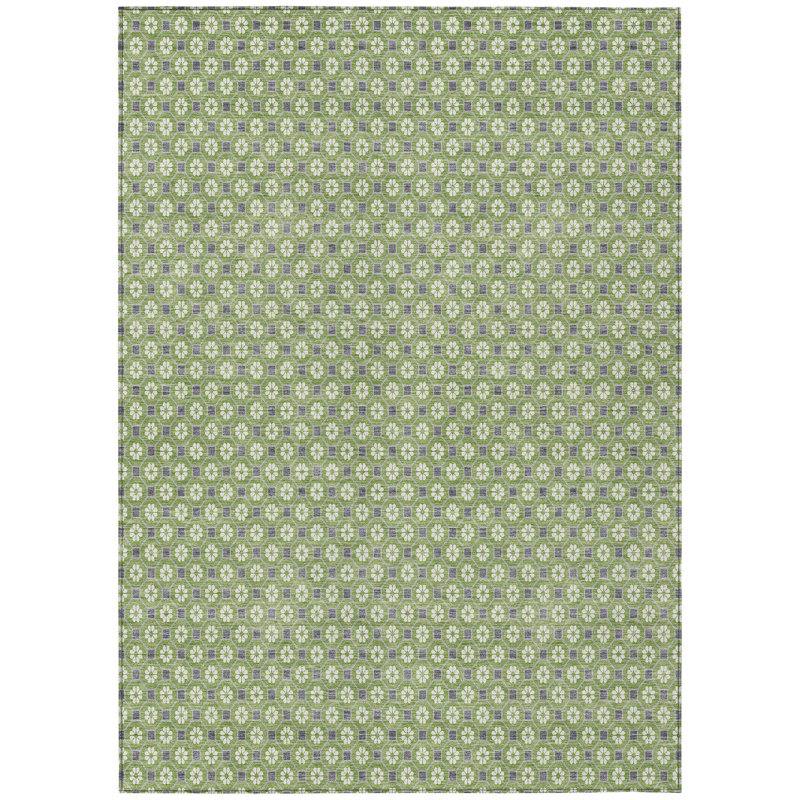 3' X 5' Green And Gray Floral Washable Indoor Outdoor Area Rug
