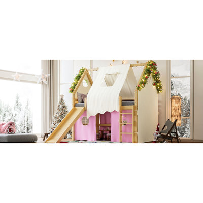Lit mezzanine pleine grandeur naturel + rose avec éclairage encastré et cadre en bois, sans sommier