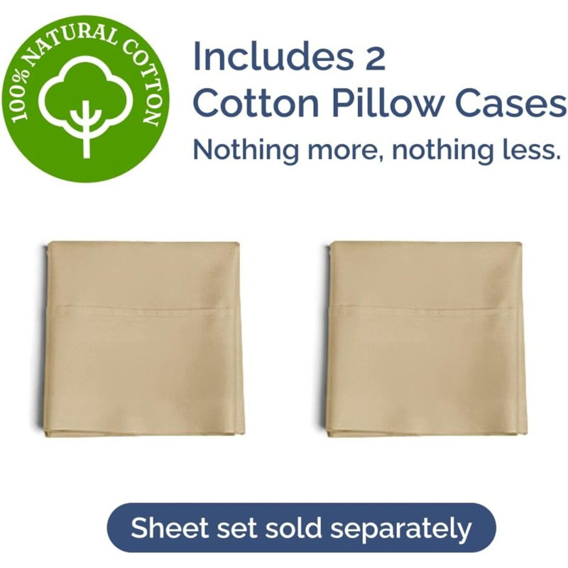 100% Cotton Pillowcase Set, 400 Thread Count Hotel Luxury Pillowcases, Soft & Breathable, Set of 2, Beige, Queen