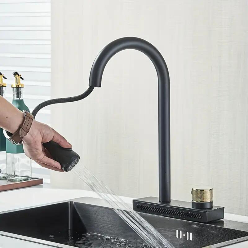 Robinet de cuisine rétractable Senlesen, Noir mat / Or