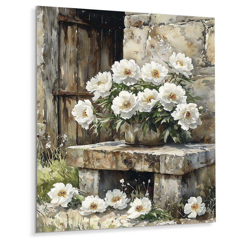 Pivoines par l'arrosage III - Pivoines, impression sur métal, H 44 po x l 34 po
