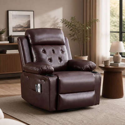 Fauteuil releveur électrique surdimensionné pour personnes âgées, grandes et grandes, canapé une place en cuir PU avec massage par vibrations, design capitonné en losanges, porte-gobelets et poches latérales