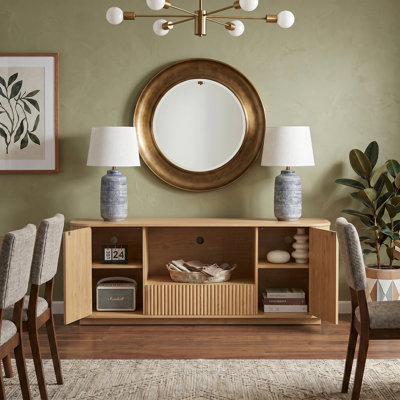 Meuble télé 64 pouces, buffet arrondi, armoire de rangement en bois naturel à rayures verticales pour le salon / la chambre / le vestibule, L 64 po x l 15 po x H 24 po
