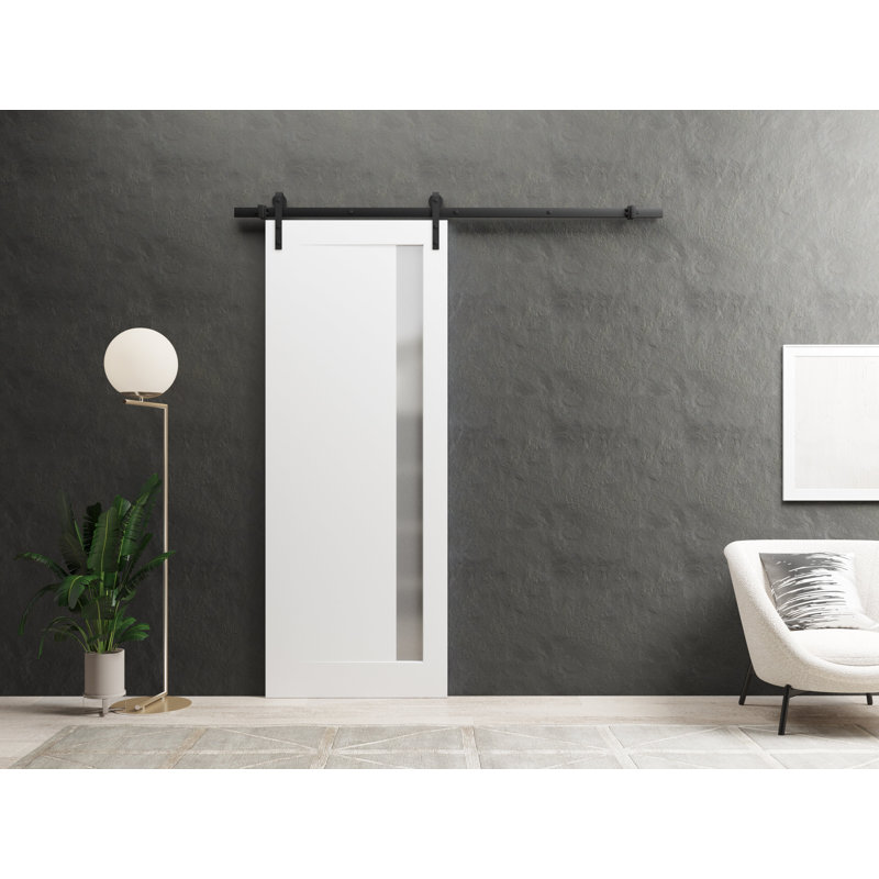 Porte de grange robuste | Planum blanc peint avec verre givré 0660 | Ensemble de quincaillerie lourde 6,6 pi | Portes intérieures solides