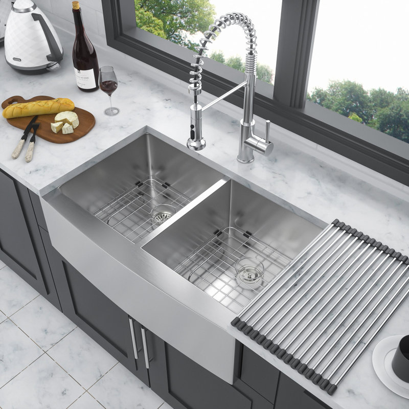 Double Bowl (50/50) Farmhouse Sink, Stainless Steel Apron Front Kitchen Sink 16 Gauge With Two Deep Basin