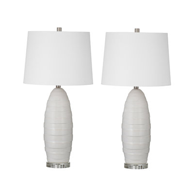 Traditional Cream Textured Table Lamp Set of 2 with White Linen Shades, 30" Tall