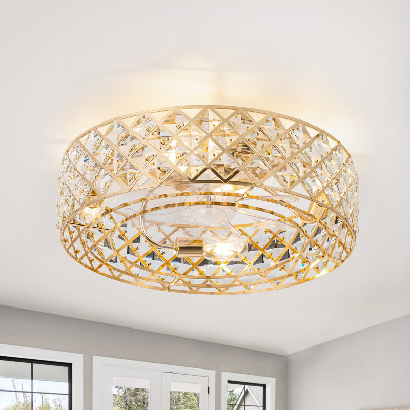 Yenci 19'' 7-Blade Crystal Glass Indoor Enclosed Caged Flush Mount Ceiling Fan with Light Kit and Remote Control, Gold