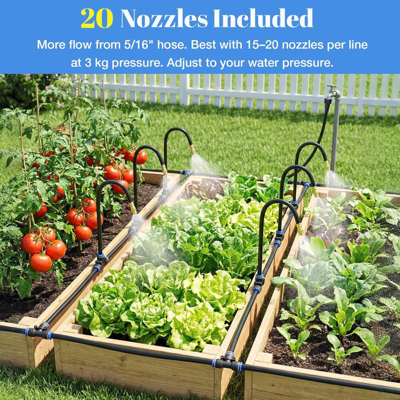 Système d'arrosage goutte à goutte 60 pi 5/16 po, trousse d'irrigation de jardin avec 15 buses de brume en cuivre flexibles réglables à 360 °, système d'arrosage atomiseur pour pelouse, lits surélevés, serre, refroidissement extérieur