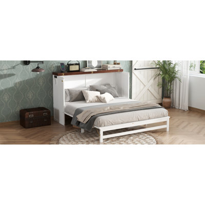 Grand lit escamotable avec tiroir de rangement et station de charge Murphy, port USB, cadre de lit escamotable en pin massif pour bureau à domicile, studio ou chambre d'amis, noyer blanc