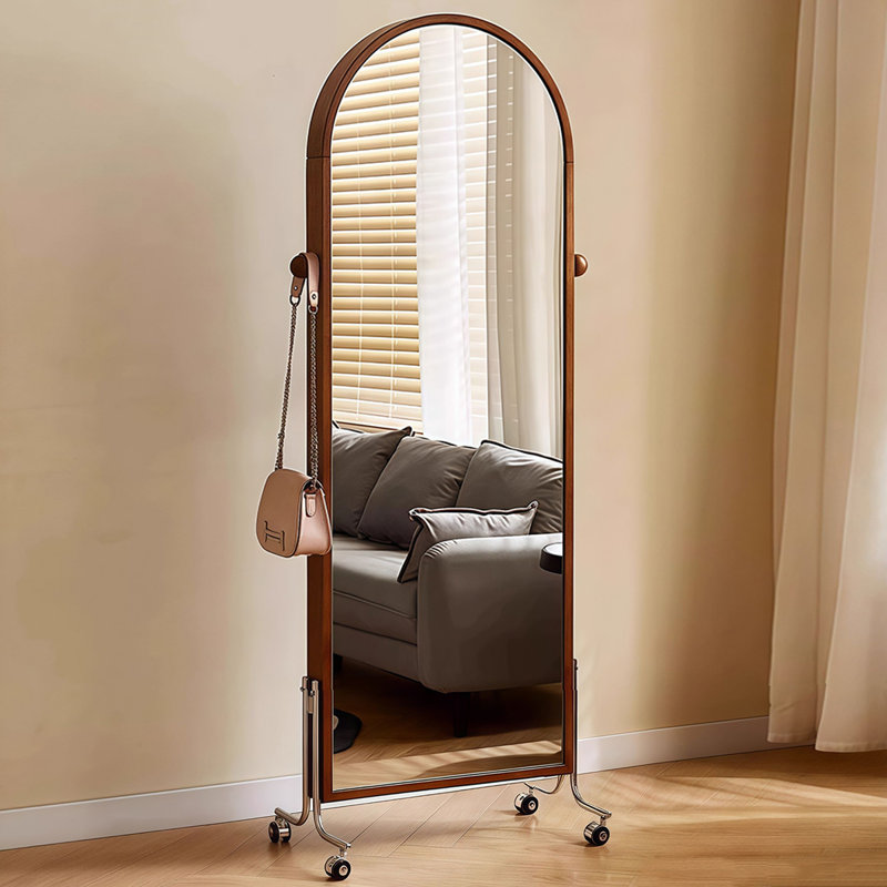 Retro Rubber Wood Frame Wall-Mounted And Portable Full-Length Mirror With Storage Function
