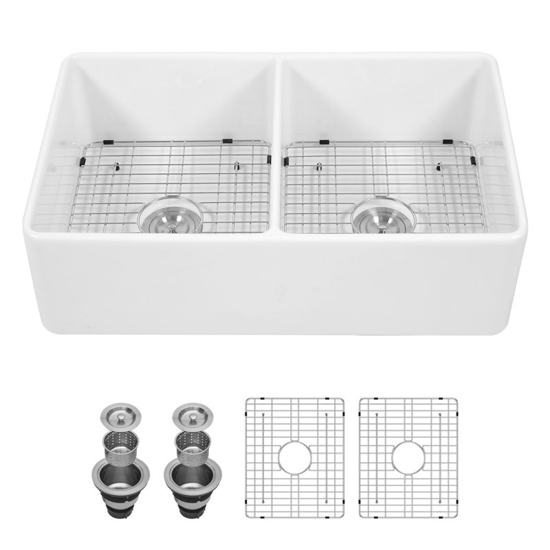 33" L x 20" W Farmhouse Kitchen Sink Double Bowl 50/50 White Ceramic Kitchen Sink Apron Front Sink