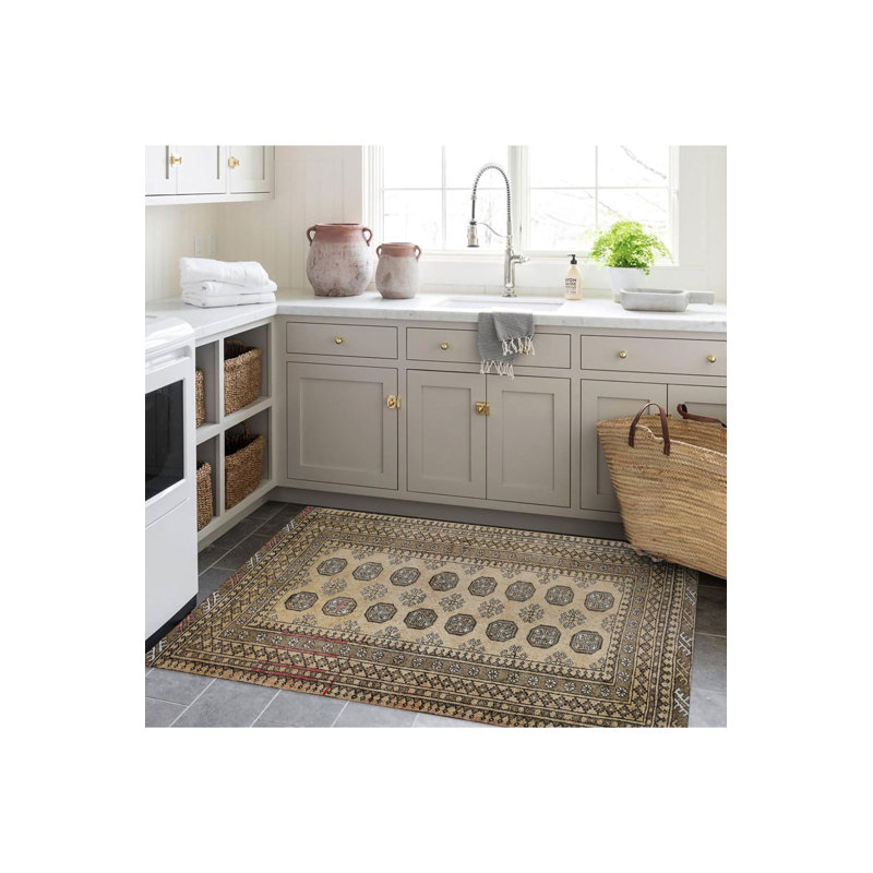 Tapis bohémien décoratif clair à motif traditionnel brun clair, Sous-tapis rectangulaire de 3 pi 3 po x 4 pi 11 po