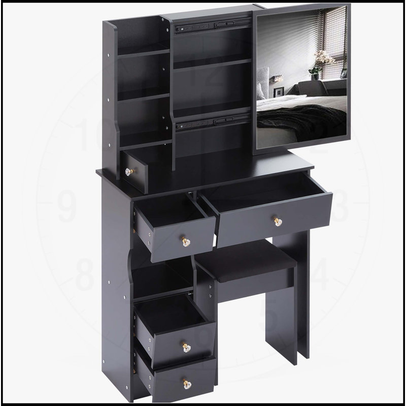 Compact and Practical Vanity Table Set with Cushioned Stool and Multiple Storage Layers for Small Spaces, White