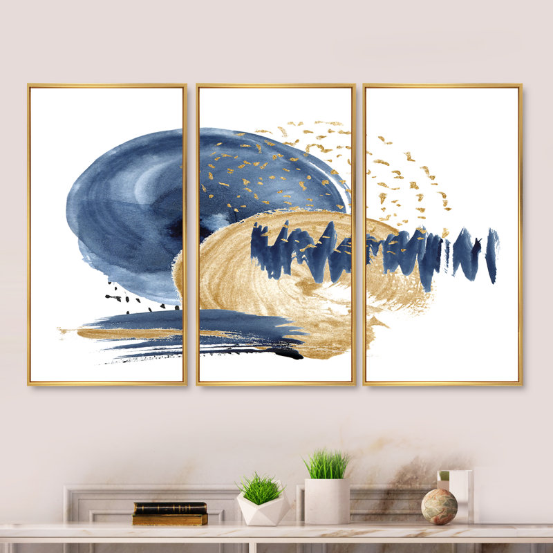 Bleu foncé et or, cercle abstrait, texture de l'océan - cadre flottant, peinture sur toile 3 pièces, H 28 po x l 36 po, Or