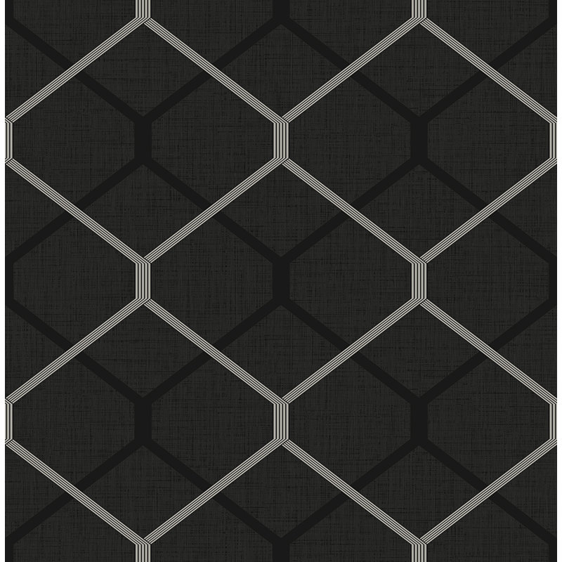 Papier peint double hexagone Seabrook Designs Milton, Onyx / argent métallique