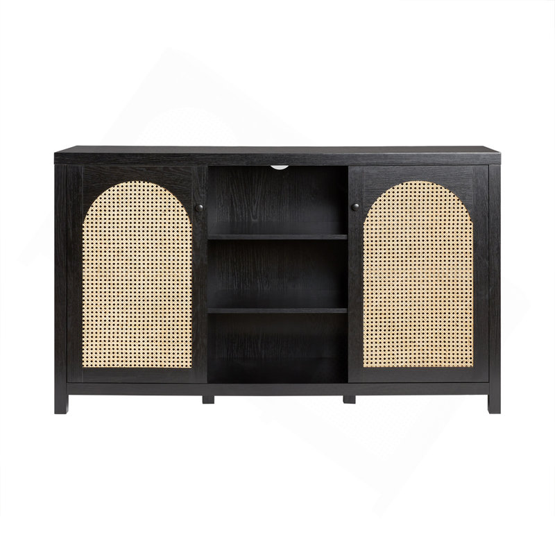 Buffet transitionnel 58 po à 2 portes avec panneaux en rotin arqué, noir