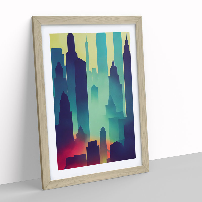 City Skyline Watercolour No.6 Abstract 1 Piece Single Picture Frame Painting, 64cm H x 46cm W x 2cm D, Oak