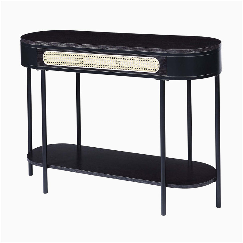 Black Oval Sofa Table with Bottom Shelf