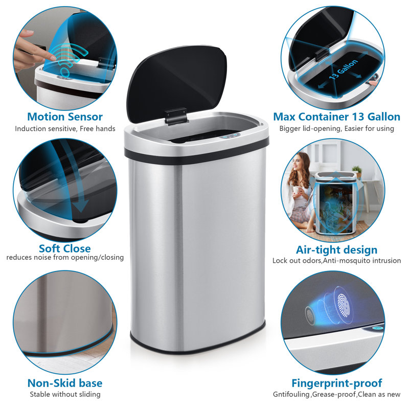 Innovaze 13 Gallon Stainless Steel Touchless Trash Can with Black Lid