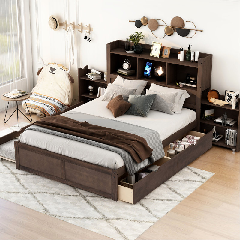 - Lit plateforme double avec 2 tiroirs, lit gigogne simple et tablettes de rangement escamotables - Fabrication pour chambre à coucher