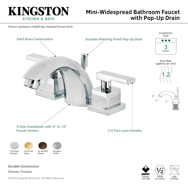 Kingston Brass Executive Two-Handle 3-Hole Deck Mount Mini-Widespread Bathroom Faucet with Brass Pop-Up, Brushed Nickel