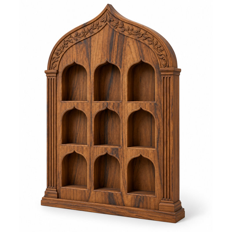 Carved Solid Teak Wood 9-Niche Arch Wall Display Shelf