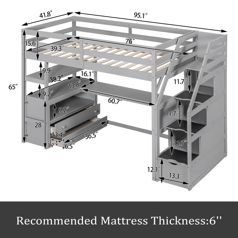 Lit mezzanine simple avec tiroirs Johnavin Kids, Gris