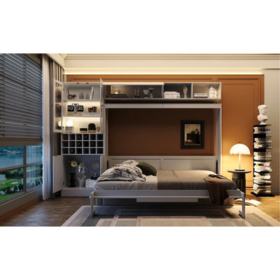 Grand lit avec tablettes, et, blanc - sommeil tranquille, espace de rangement bien rangé, idéal pour les maisons compactes, petits appartements gris, espace de sommeil confortable
