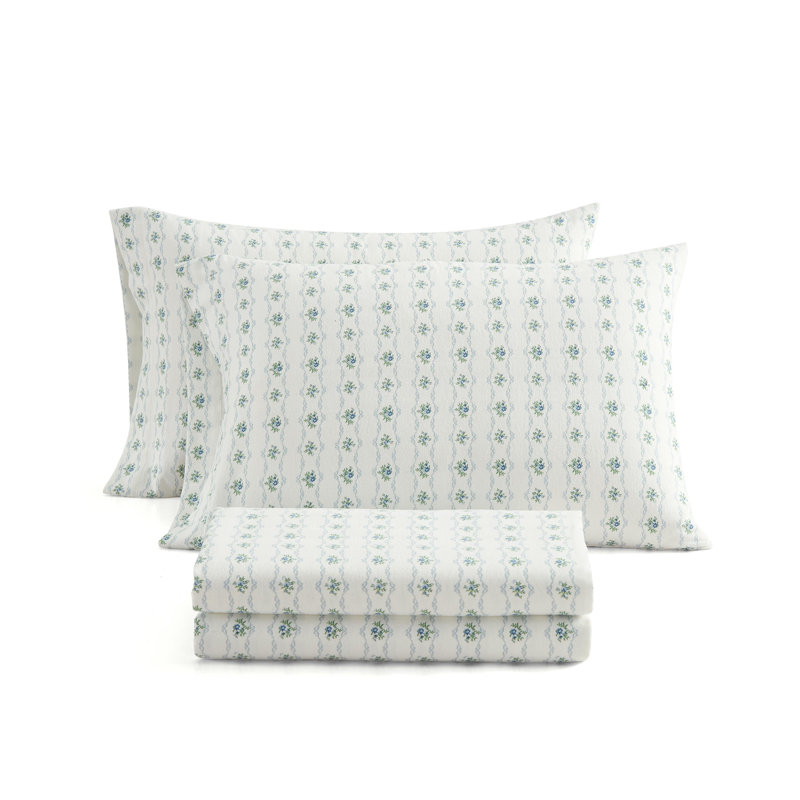 Ensemble de draps en flanelle de coton imprimé Martha Stewart, Twin, Vintage Rose Blue