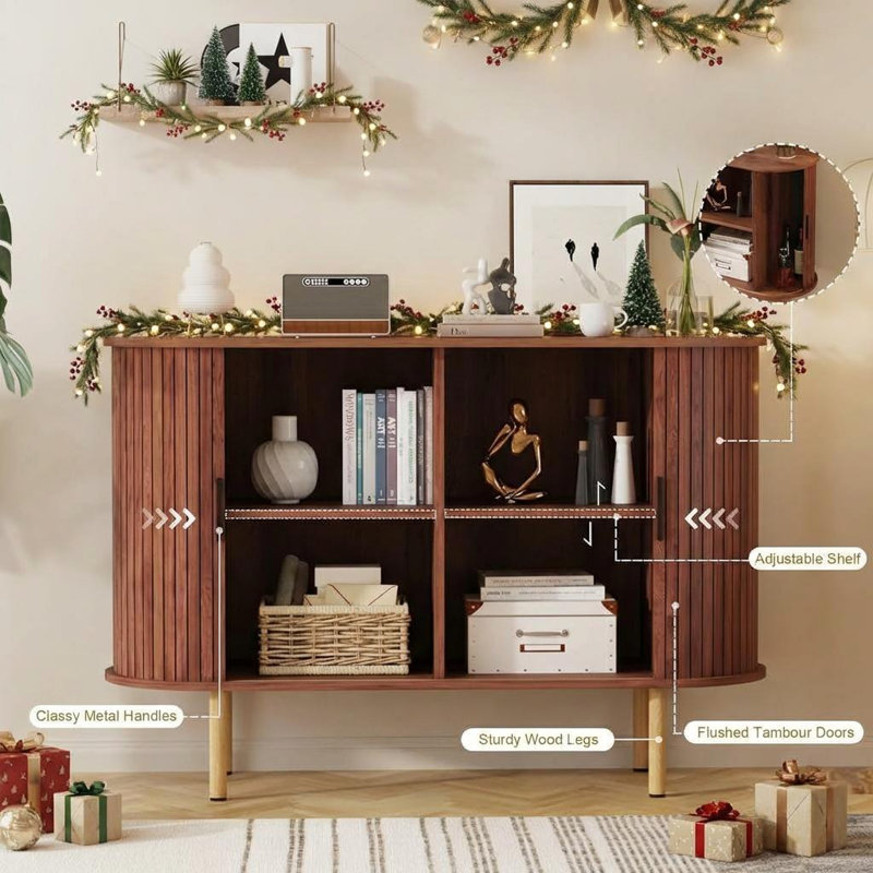 Buffet 47 po à lattes cannelées avec portes coulissantes, armoire de rangement d'appoint moderne en bois avec tablettes réglables, console avec armoires pour le salon, la cuisine, la salle à manger, le vestibule