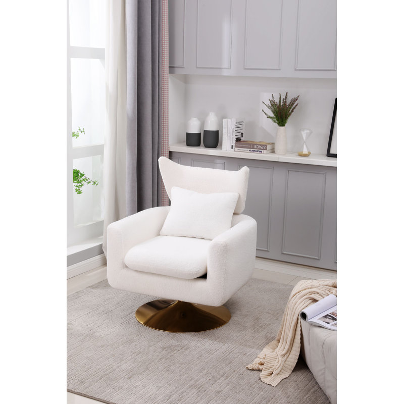 360-Degree Swivel Accent Chair with a Pillow, White Teddy