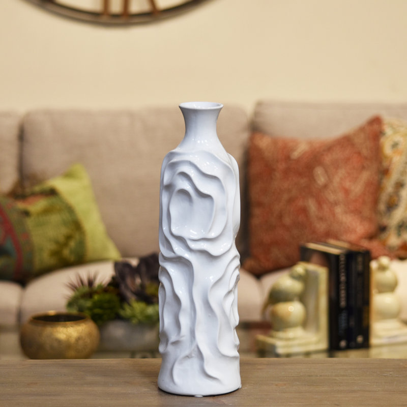 Vase de table rond en céramique, 15,5" H x 4,5" L x 4,5" D, blanc