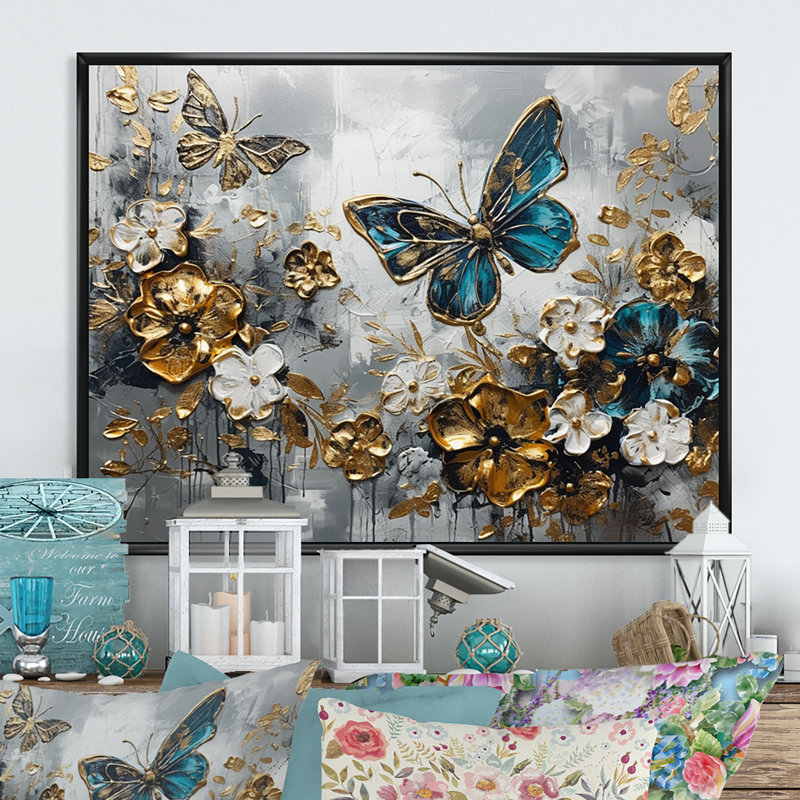 Ryllan, ailes de papillon bleu doré et fleurs V - impressions florales encadrées, H 16 po x l 32 po x P 1 po