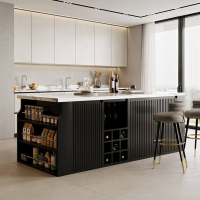 70.8-Inch Kitchen Island Featuring Storage Drawers In Various Sizes, Open Shelving, And A Wine Rack; Kitchen Island With A Dining Area