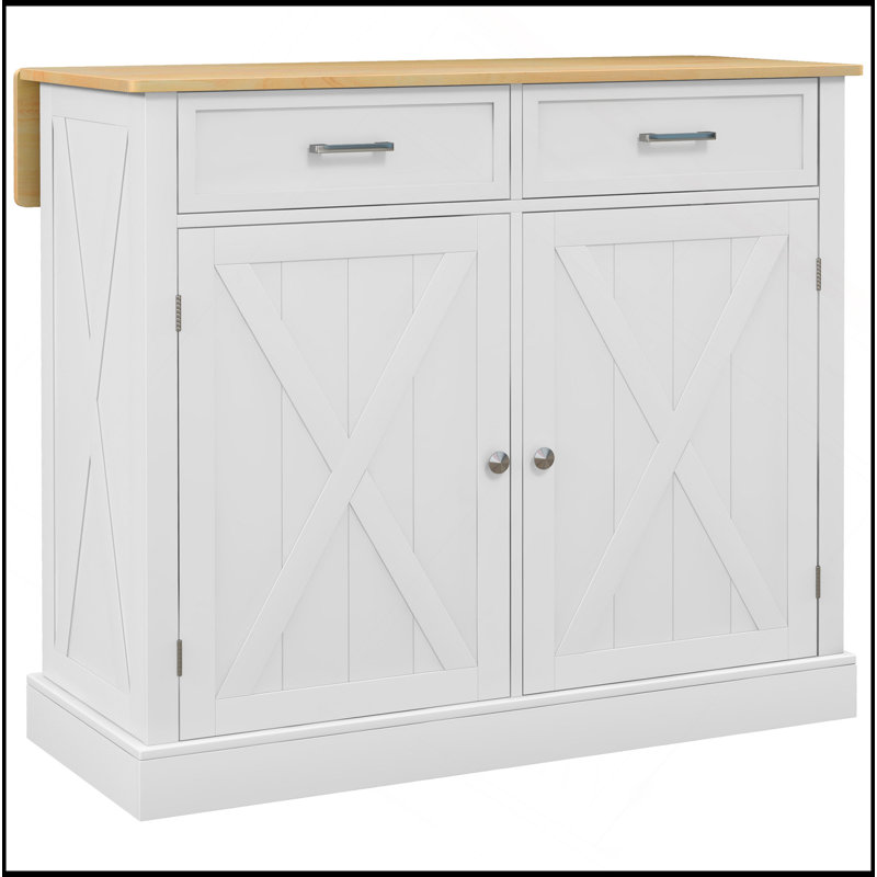 Rolling Kitchen Island With Drop Leaf Wood Breakfast Bar, Farmhouse Kitchen Cart With 2 Drawers, Adjustable Shelves For Dining Room, White