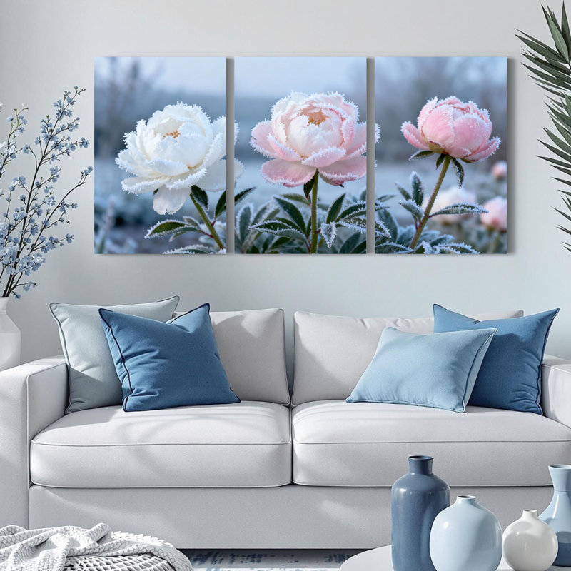 Ensemble de 3 pivoines couvertes de givre sur toile tendue sur toile, H 24 po x l 48 po