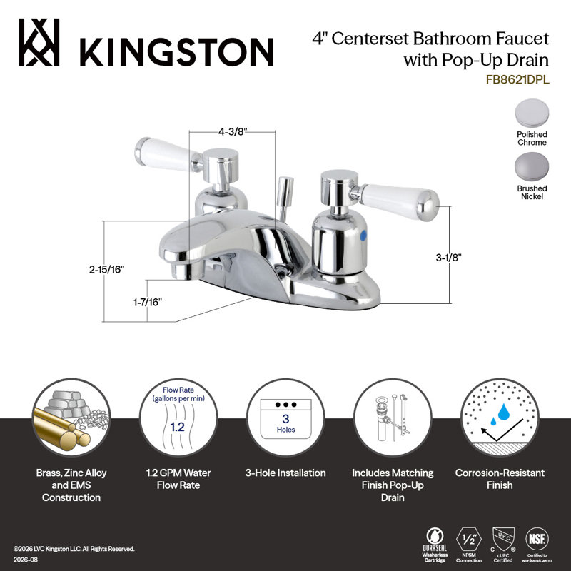 Robinet de salle de bain central à 4 poignées à 3 trous à fixation sur le comptoir avec laiton escamotable Kingston