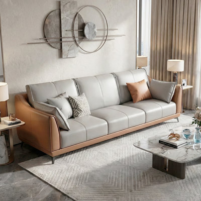 Élégant canapé de 84 po en similicuir avec coussins gris et structure brune, canapé de salon moderne (3 places)