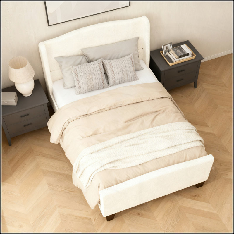 Structure de lit simple avec tête de lit et pied de lit rembourrés, revêtement en velours Teddy, support à 12 lattes, pieds en bois massif