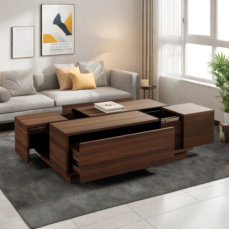 Rectangular Sliding Top Coffee Table With 2 Drawers And 2 Hidden Storage Compartments