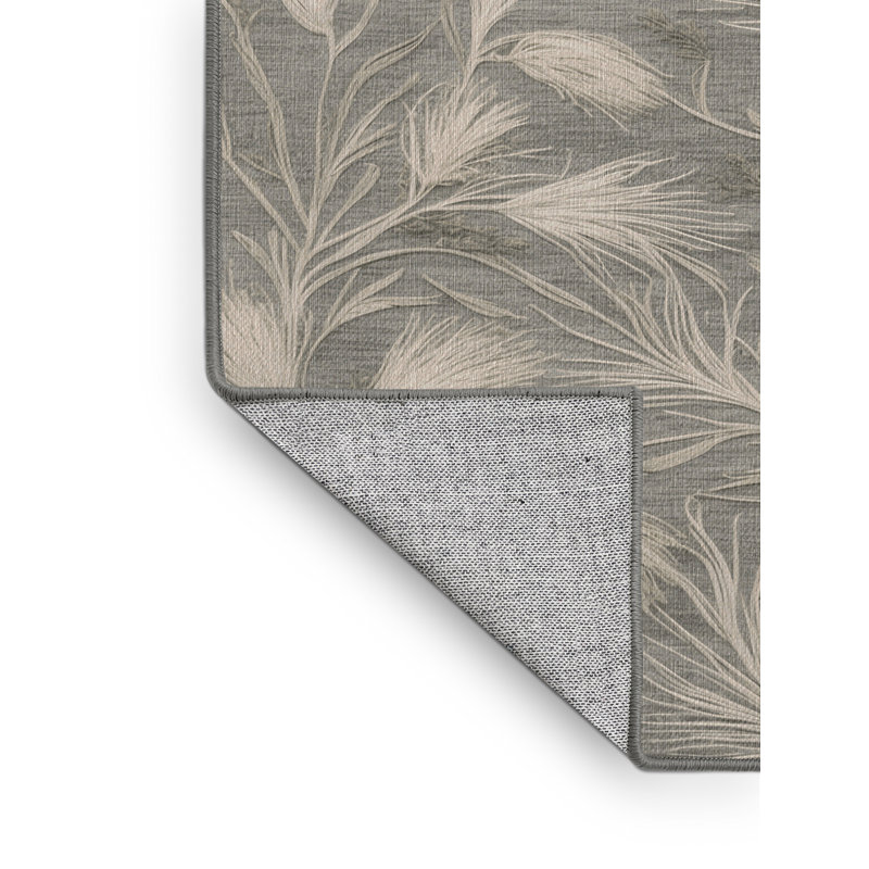Machine Washable Botanical Gray Area Rug, Round 5'