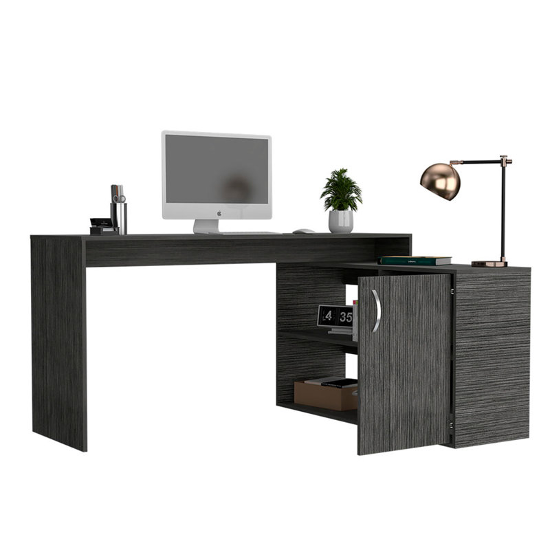 Axis Modern L-Shaped Computer Desk with Open & Closed Storage, Smokey Oak