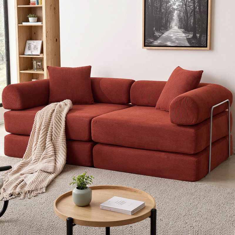 Canapé-lit modulaire pour petits espaces, canapé convertible 4 pièces en velours côtelé avec 2 dossiers, conception de matelas pliable pour les appartements, aucun assemblage requis, cadre en fer fixe