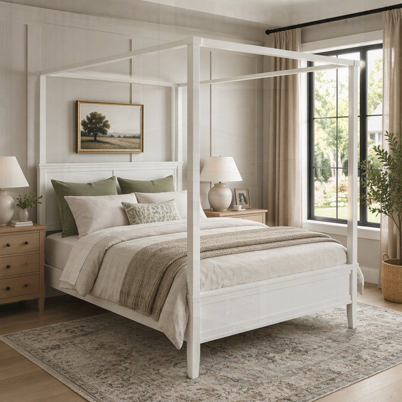 Lit plateforme à baldaquin en bois de style moderne du milieu du siècle avec tête de lit, design rustique de style ferme à 4 colonnes avec pieds fuselés