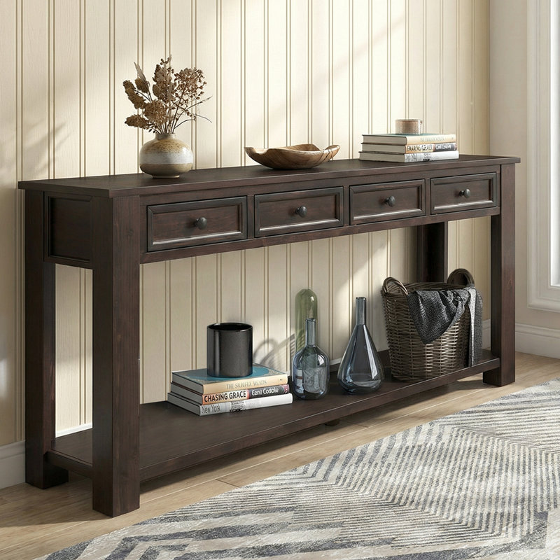 63"High-End Rustic Sofa Table With Drawers - Sturdy Craftsmanship, Hallway Storage Solution, Espresso Wood