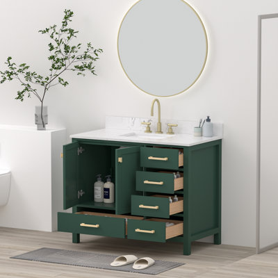 42" Solid Wood Freestanding Bathroom Vanity With Engineered Stone Top